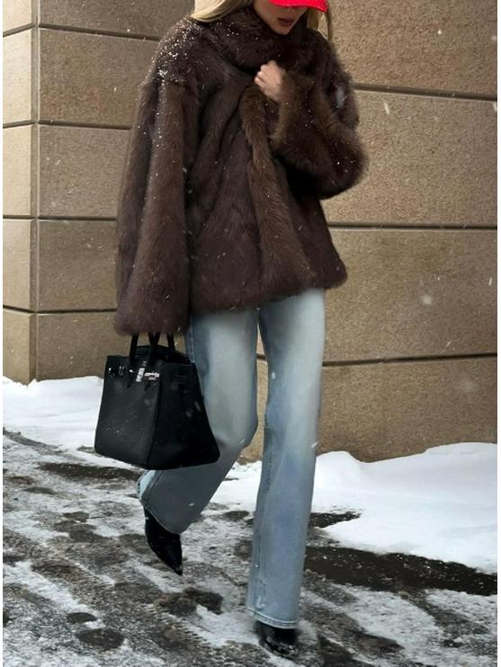 2024 European & American Women's Solid Color Faux Fur Loose Streetwear Coat