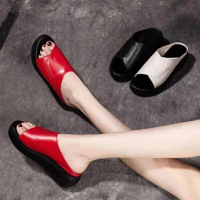 Fashion Hot Selling True Soft Leather Thick Sole Soft Sole Mom Slippers Women's Summer Outerwear 2025 New Fashion Slope Heel Sandals