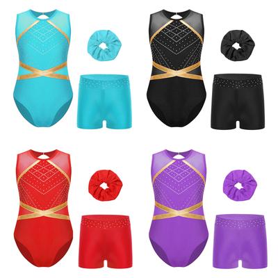 Kids Girls Sleeveless Sparkly Gymnastics Leotard Active Dance Unitard Biketard with Tumbling Shorts Hair Band Set