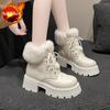 Fashion Leather Platform with Laces Booties Plush Round Toe Women's Snow Boots Waterproof Ladies Shoes Work Chic and Elegant Footwear