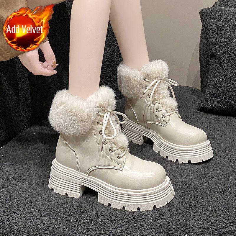 Fashion Leather Platform with Laces Booties Plush Round Toe Women's Snow Boots Waterproof Ladies Shoes Work Chic and Elegant Footwear