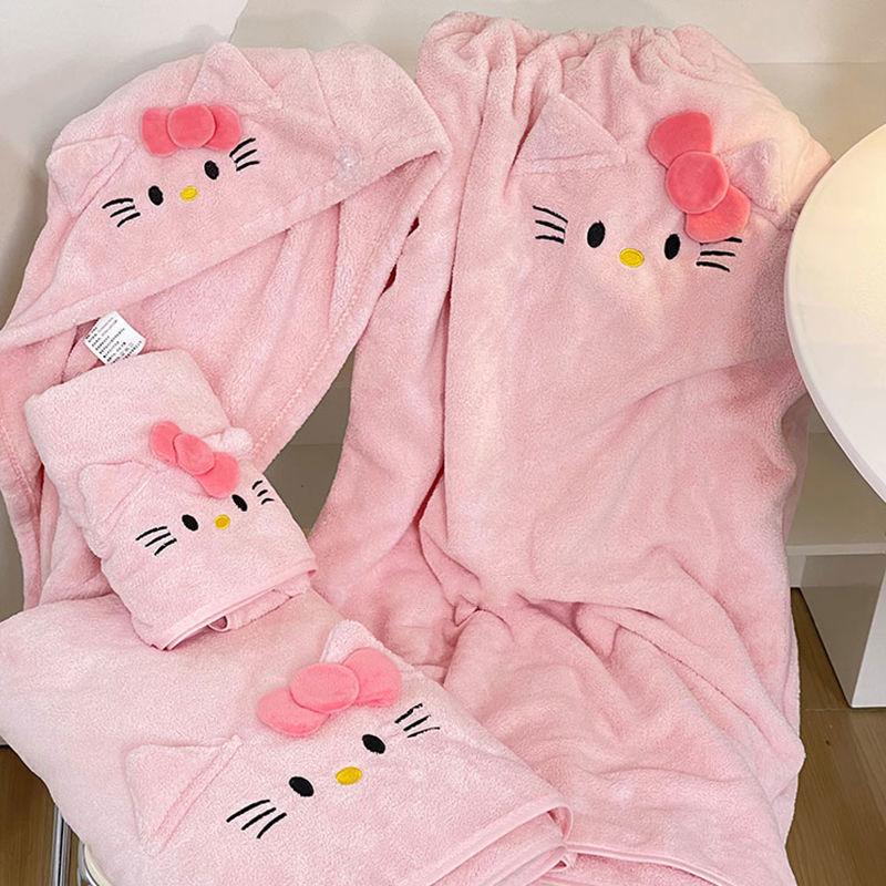 Soft Coral Fleece Cat Towel Set: Hair Drying Cap, Bath Towel, Wrap-around Skirt