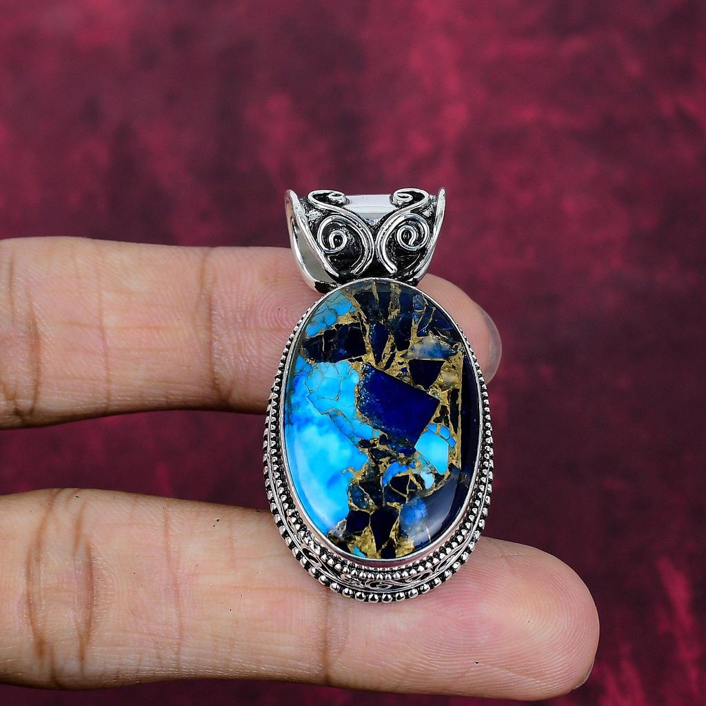 Kupfer Lapis Türkis Handgefertigter Edelsteinanhänger, 925 Massiv Sterlingsilber Anhänger Antikschmuck, Für Verlobungsgeschenk