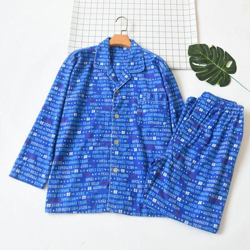 Japan Fashion Cotton Sanding Flannel Print Men's Long Sleeve Trousers Pajamas Set Spring, Autumn and Winter Cotton Lapel Homewear