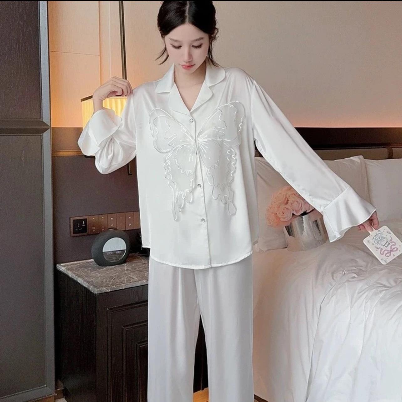 

Пижамный комплект Sweet Pure Desire Butterfly, женский, с шелковым кружевом Sense Ice, элегантные брюки с длинными рукавами, двухкомпонентная пижама Temperament XL белый