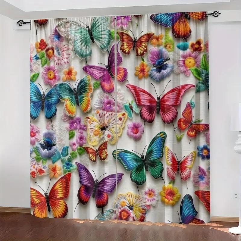 2 Pcs Colorful Butterflies Print Curtains,suitable for Bedroom,living Room Kitchen Decoration,home Decoration,window Decoration