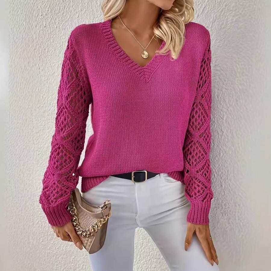 Spring/Autumn Long Sleeve Hollowed Out Knit Sweater Women's Pullover Crochet Flower Pile Loose V-Neck Base Top