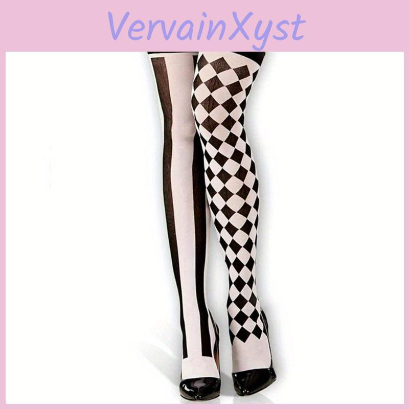 Gedrukte Clown Over Gestreept Asymmetrische Knie Lange Sok Halloween Dij Hoge Kousen Cosplay Kostuum Panty's Voor Vrouwen