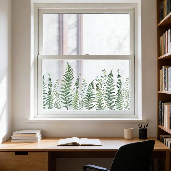 Adesivo de Janela Folha de Samambaia Verde Folhas de Pteridófita Plantas Estático PVC Adesivo de Janela Reutilizável Impermeável Decalques para Decoração de Janela de Porta de Sala de Casa