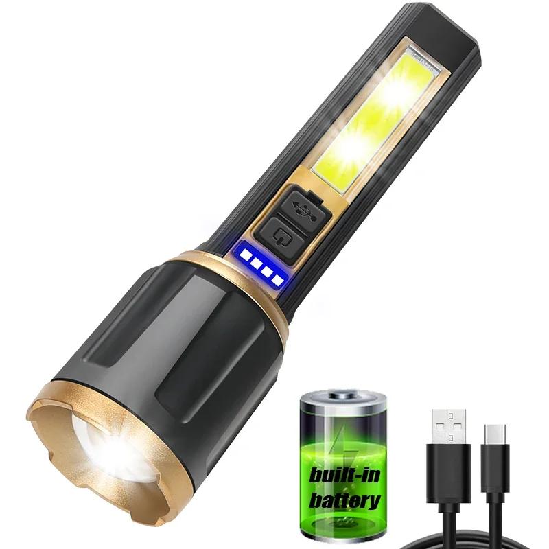 Powerful LED Flashlight T6 Lamp Bead Built-in Battery USB Rechargeable Zoom Torch With Power Display Outdoor Tactical Flashlight