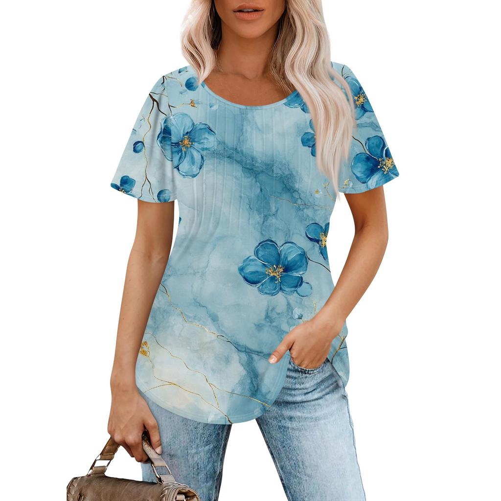 Women's Fashionable Casual Pleated Round Neck Striped Flower Printed Short Sleeved T Shirt Top