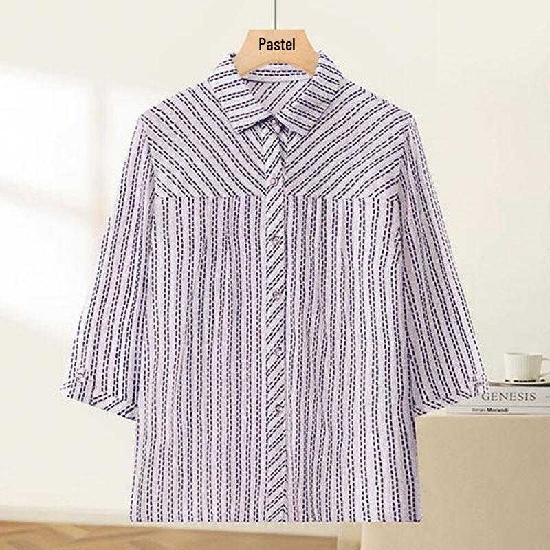 PaSiTe Women's Striped 3/4 Sleeve Button-Up Shirt