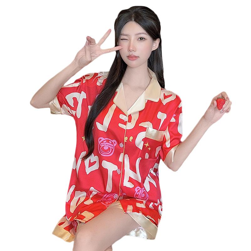 Contrasting Color Strawberry Bear Ice Silk Pajamas Women'S Summer Short-Sleeved Fashion Loungewear Suit Can Be Worn Outside