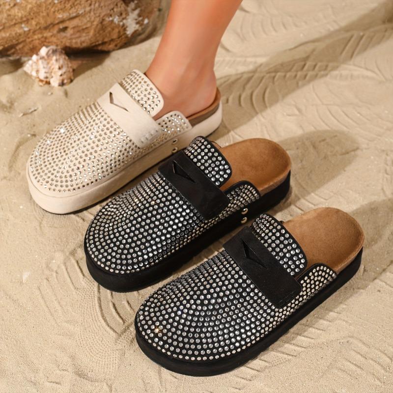 Women's Rhinestone-Embellished Slip-On Mule Sandals - 4cm Thick Cushioned Beach Slippers with Sparkling Rhinestone Strap, Round Toe & Soft Rubber Sole