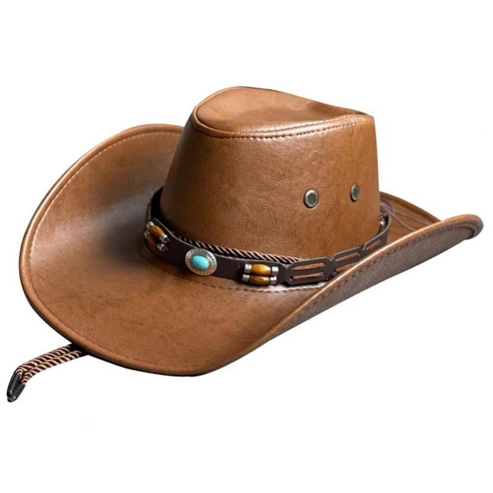 Solid Color Western Cowboy Hats Faux Leather Jazz Cap Casual Cowgirl Cap  Unisex