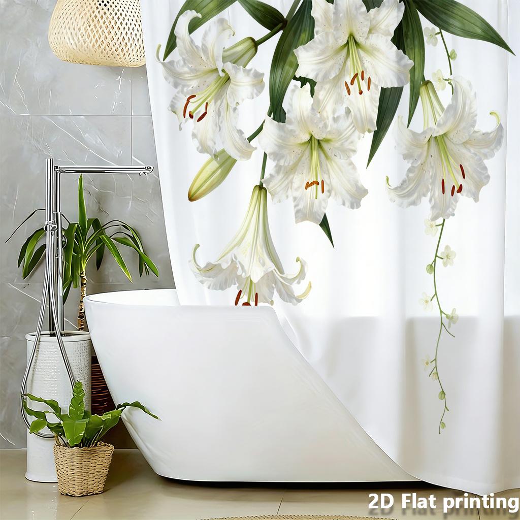 White Lily Shower Curtain 1Pc Polyester 2D Flat Print 70.8X70.8" Realistic Floral Green Leaves Grommet Top