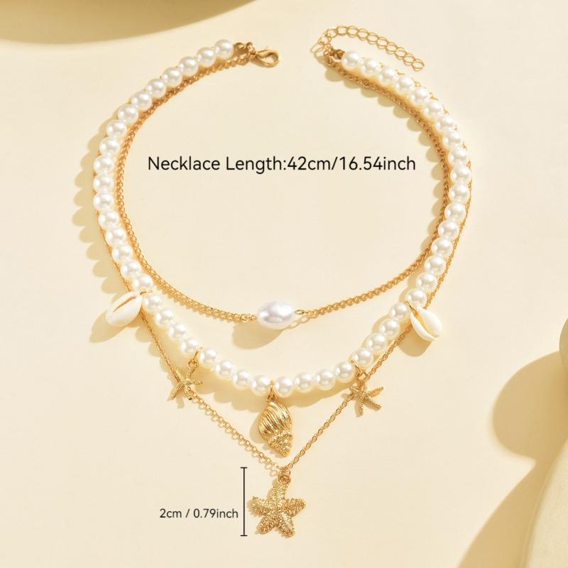 Vintage Ocean Style Beaded Imitation Pearl Starfish Shell Beach Necklace