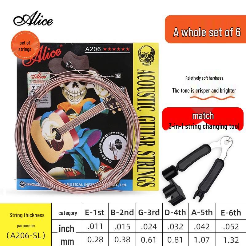 Corde per Chitarra Acustica Alice Folk - Set Completo da 6 (Corde 1ª, 2ª, 3ª come Singole)
