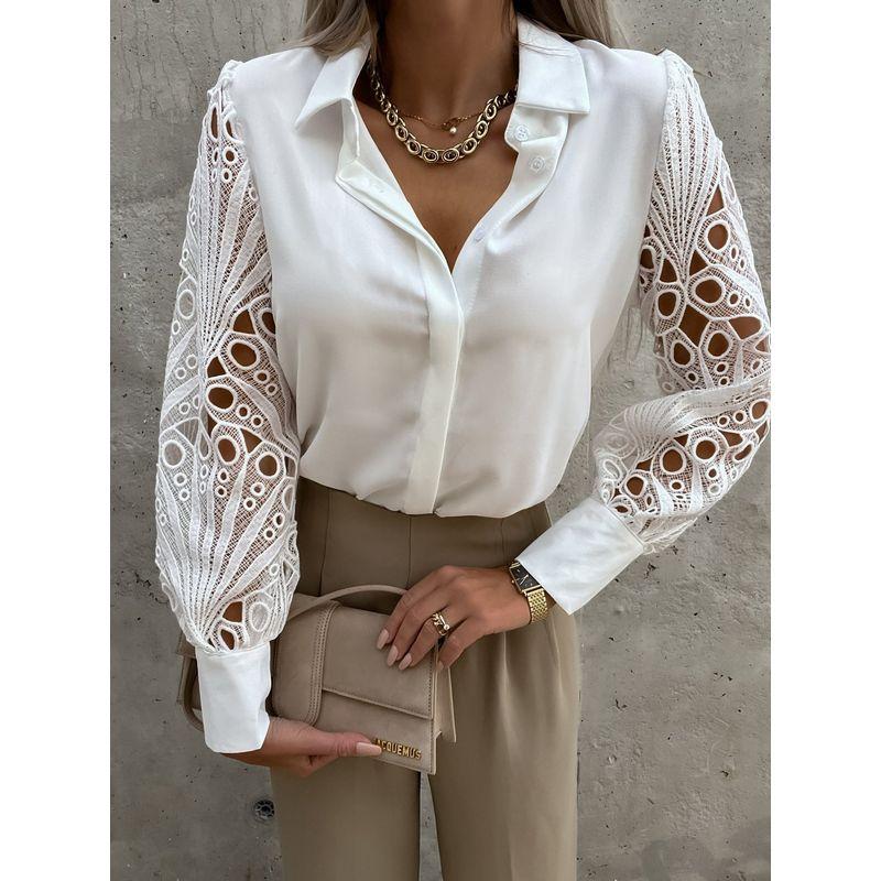 

2024 Women s Solid Color Lace Splicing Shirt White XL