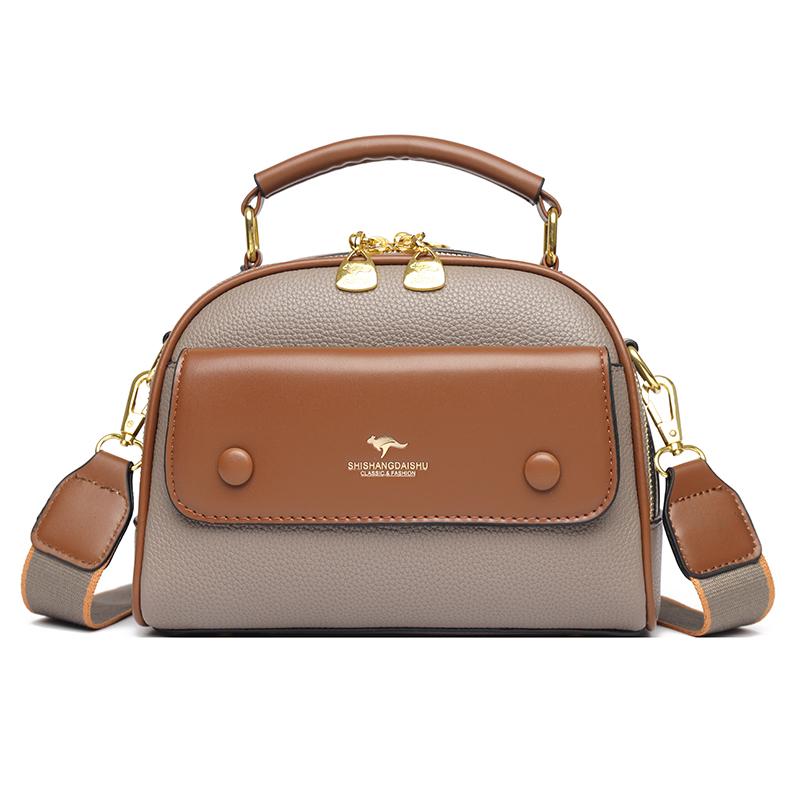 Women's PU leather top handle crossbody bag with multiple pockets, stylish contrasting color matching, and simple shoulder bag