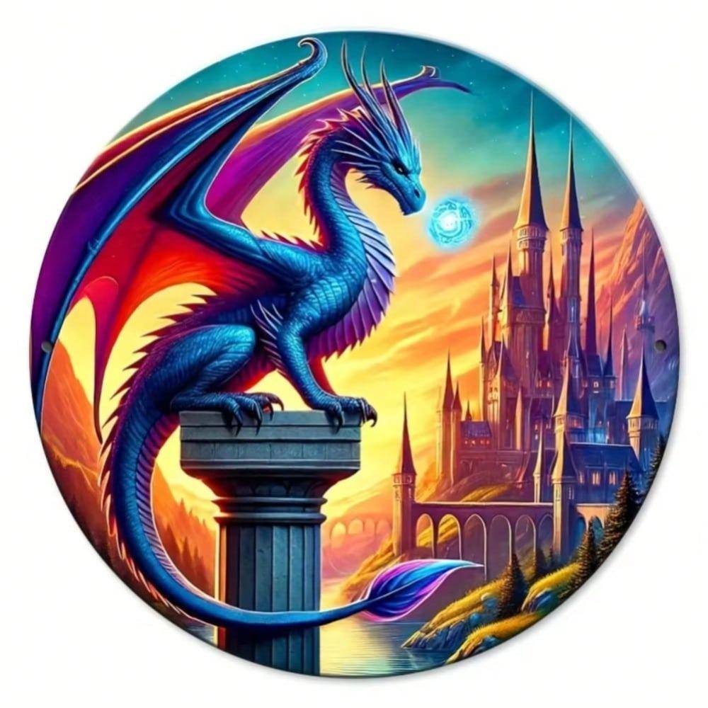 Castle Guardian Dragon Metal Wall Art Sign Decor for Home Office Bar Gift 20x20