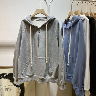 Real Shot Harajuku Hooded Sweater Fleece Thickened Women's Autumn and Winter Loose Semi-zipper Long-sleeved Top