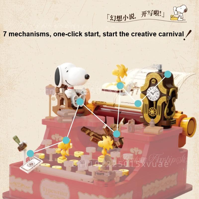 New Snoopy Retro Series Music Typewriter Building Block Model Assembly Cartoon Puzzle Toy Gift Removable Collection Ornament