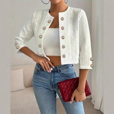2025 Autumn New Style, Slimming and Slimming, Seven Quarter Sleeves, Versatile, Round Neck, Breasted, Cufflinks, Short, Outerwear Cardigan