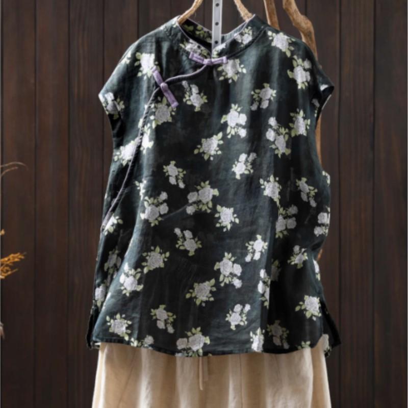 Johnature Women Chinese Style Print Floral Shirts Stand Sleeveless Button Summer Blouses Vintage Female Shirts