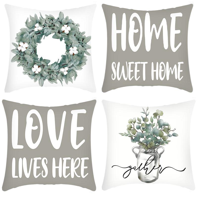 New Pillowcase Green Plant Wreath Letter Printing Print Pillow Home Sofa Cushion Cover