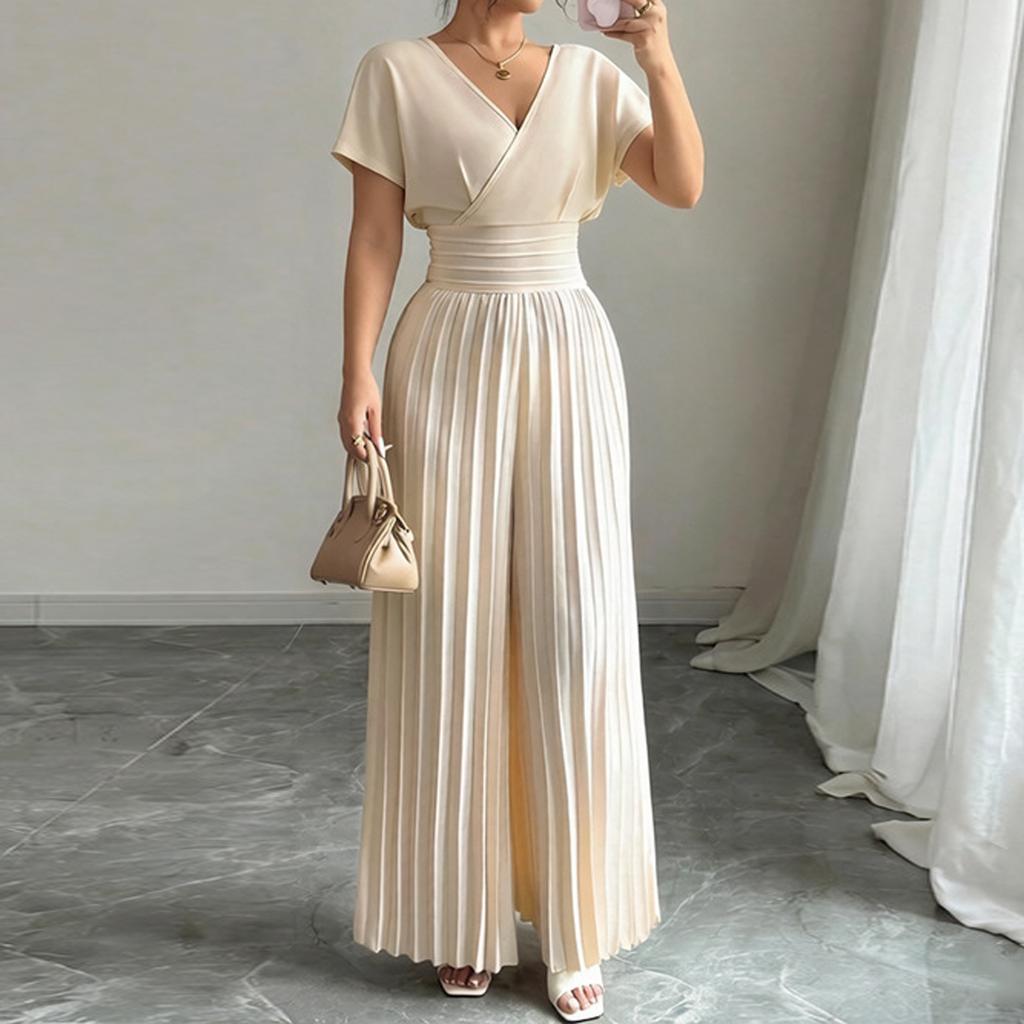 Damen Jumpsuit mit langen Ärmeln, Falten und weitem Bein, V-Ausschnitt und hoher Taille für elegante Alltagsmode
