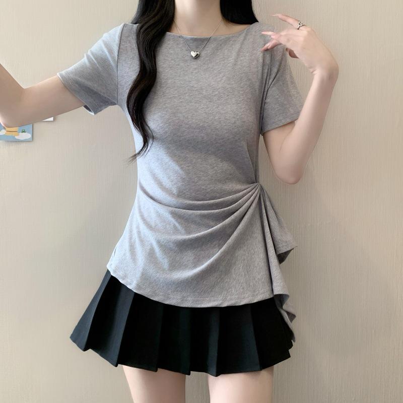 Women s Plus Size Slimming Korean Style Short-Sleeve Waist-Cinch T-Shirt for Summer 2026 2XL серый