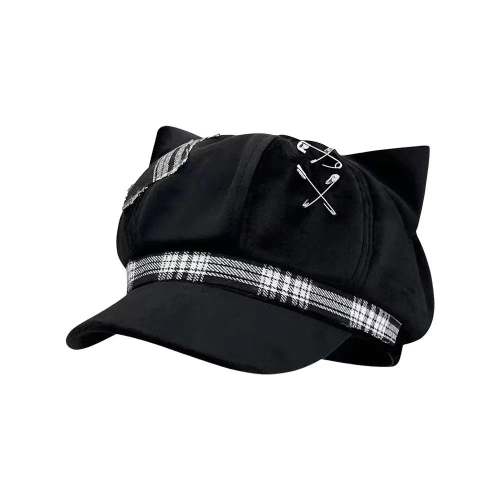 Y2K Plaid Octagonal Hat Irregular Painter Artist Cap Fashion Cat Ears Beret Hat Travel
