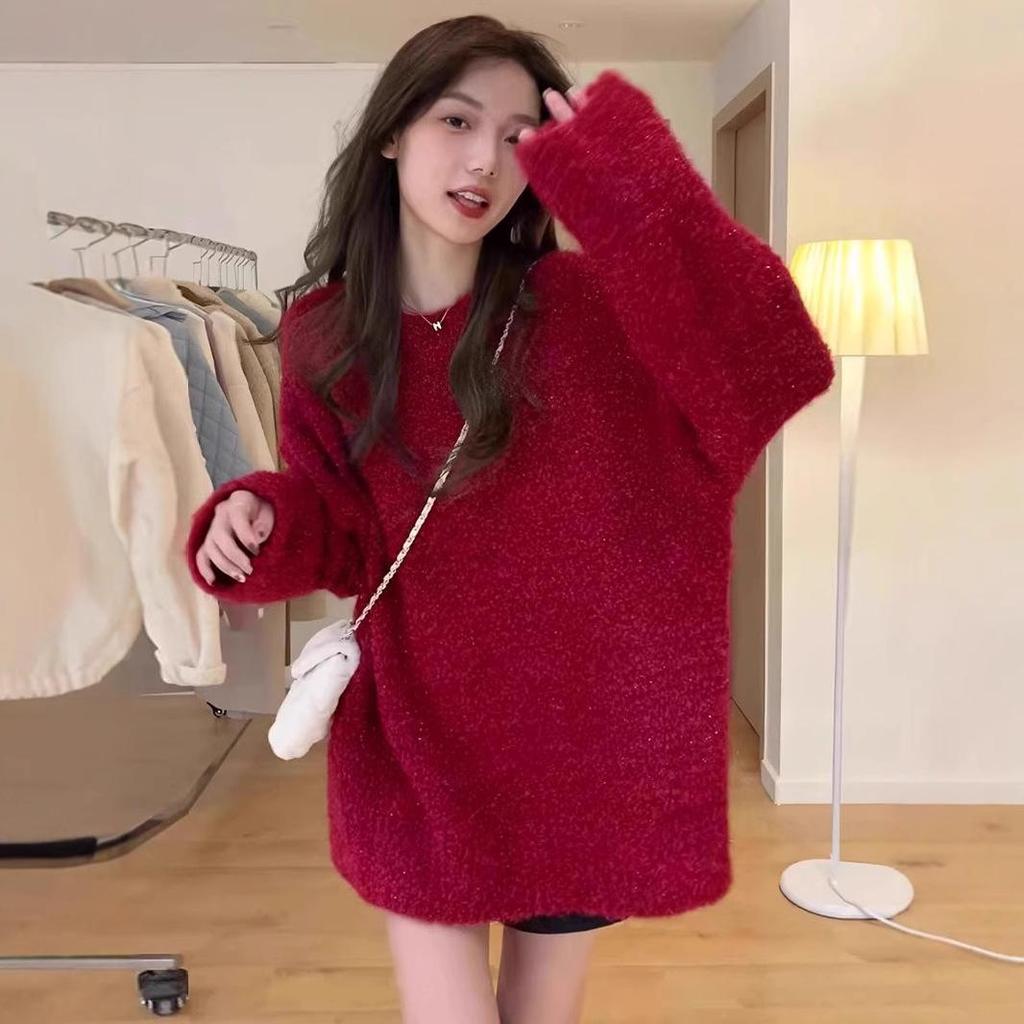 Women's Cherry Red Loose Knit Sweater - Retro Long Sleeve Pullover for Autumn/Winter