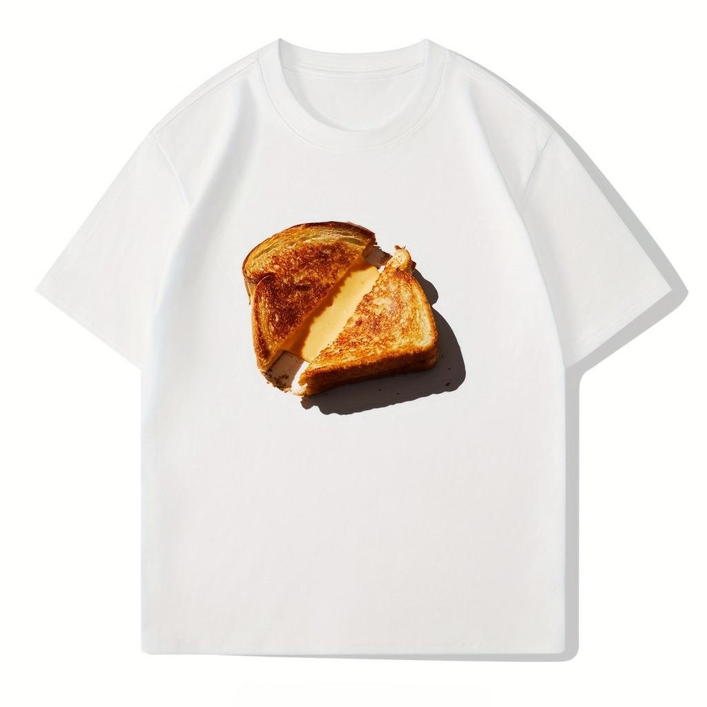 Summer Unisexs Pure Cotton Vintage Cheese Bread Pattern Tshirt Oversized Loose And Breathable Suitable For Everyday Wear