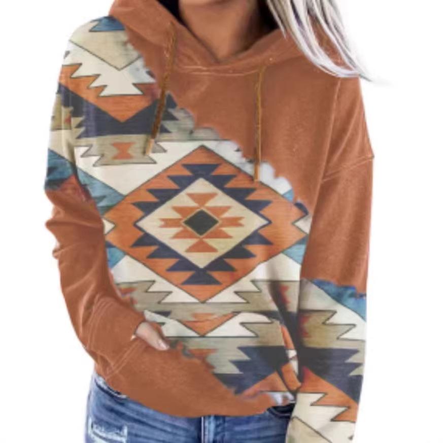 Women Western Ethnic Style Printed Hooded Sweatshirt Fall Winter