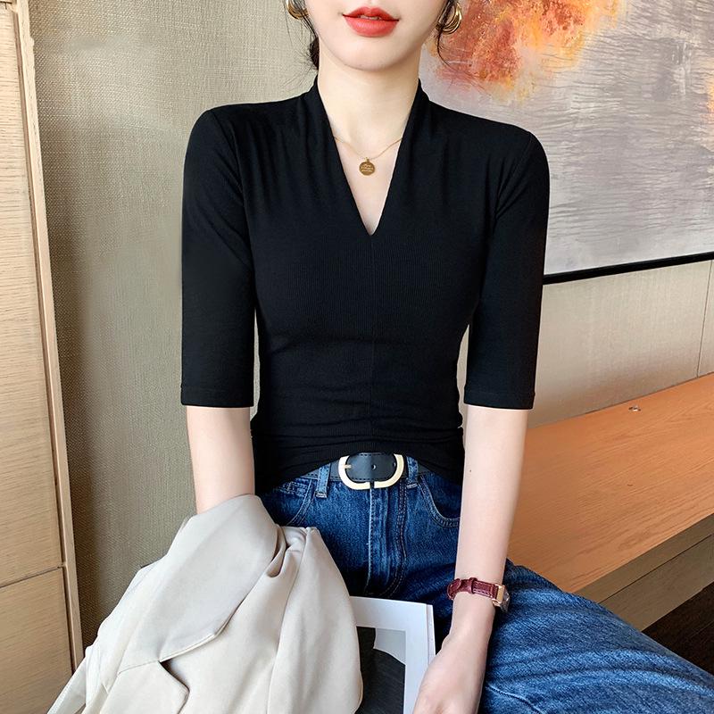 

Women s Korean Style Black V-Neck Short Sleeve T-Shirt: Slimming Summer Fashion Top XXL (recommended for 125-140 jin) чёрный