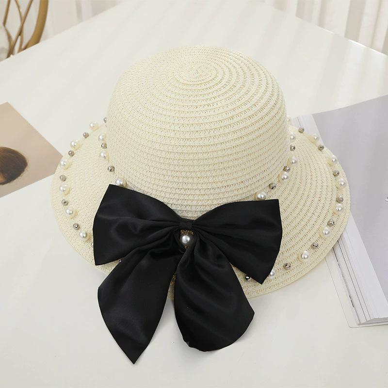 New Women's Summer UV Protection Sweet Ribbon Seaside Vacation Sunshade Bucket Hat Bow Large Brim Straw Hat