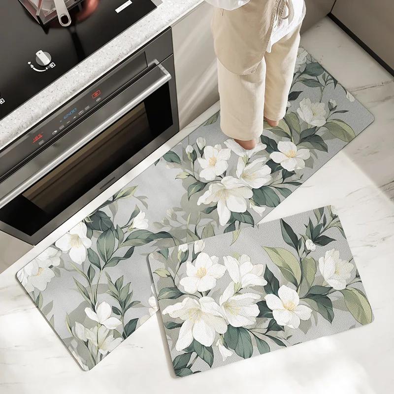 Fiber Leather Natural Rubber Kitchen Floor Mat, Soft Q-elastic Long Kitchen Mats Absorbs Water, Oil and Non-slip Foot Pads