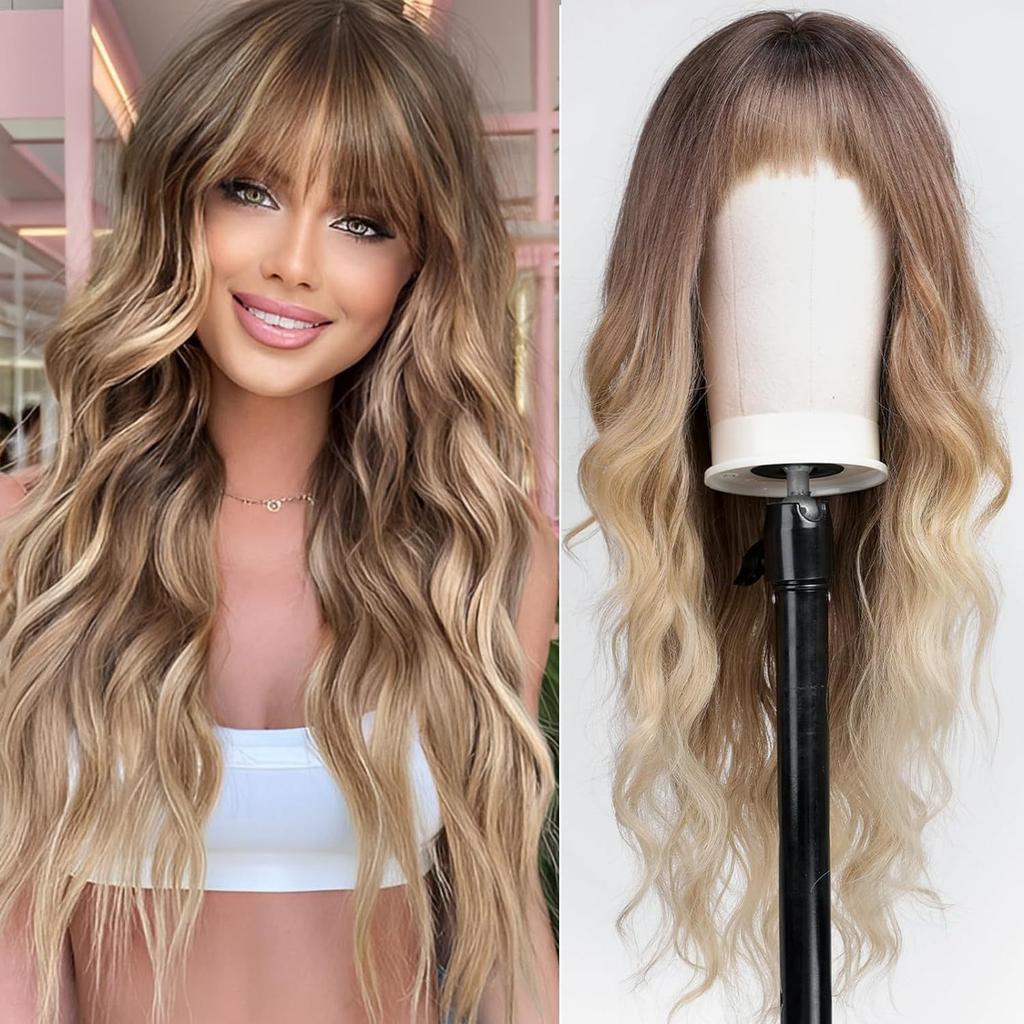 Cross-Border Water Wave Wigs European American Women's Fashionable Synthetic Hair Wig Brown Gradient Color Bangs Long Curly Hair