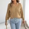 Women S Solid Color V Neck Long Sleeve Hollow Out Sweater