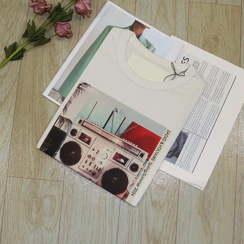 

French Minority Trendy ZV Retro Radio Print Sleeve Summer Pure Cotton T-shirt for Women Loose All-Matching Top Apricot S