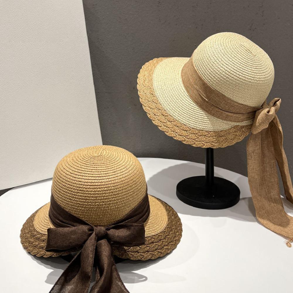 Hollow Out Big Brimmed Woven Cap Portable Bow Fisherman Cap Straw Weaving Beach Hat  Spring