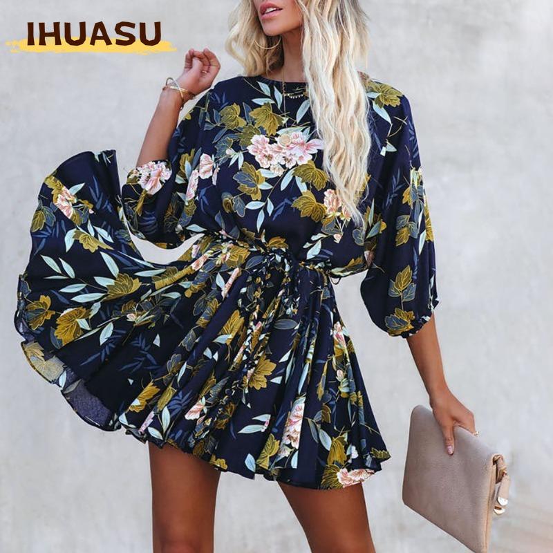 IHUASU Women's Fashion Summer Spring O-Neck Long Sleeve Casual Dresses