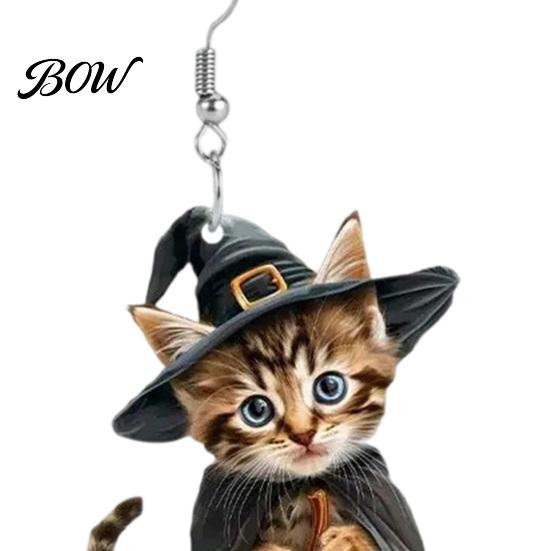 Curved Ear Hooks 1 Pair Halloween Witch Cat Earrings for Women, Acrylic Cute Hang Tag Kitten Dangle Drop with Pumpkin, Party Costume Accessories