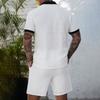 Men's Summer Solid Color Hollow Texture Button Collar Shirt Top Shorts Set