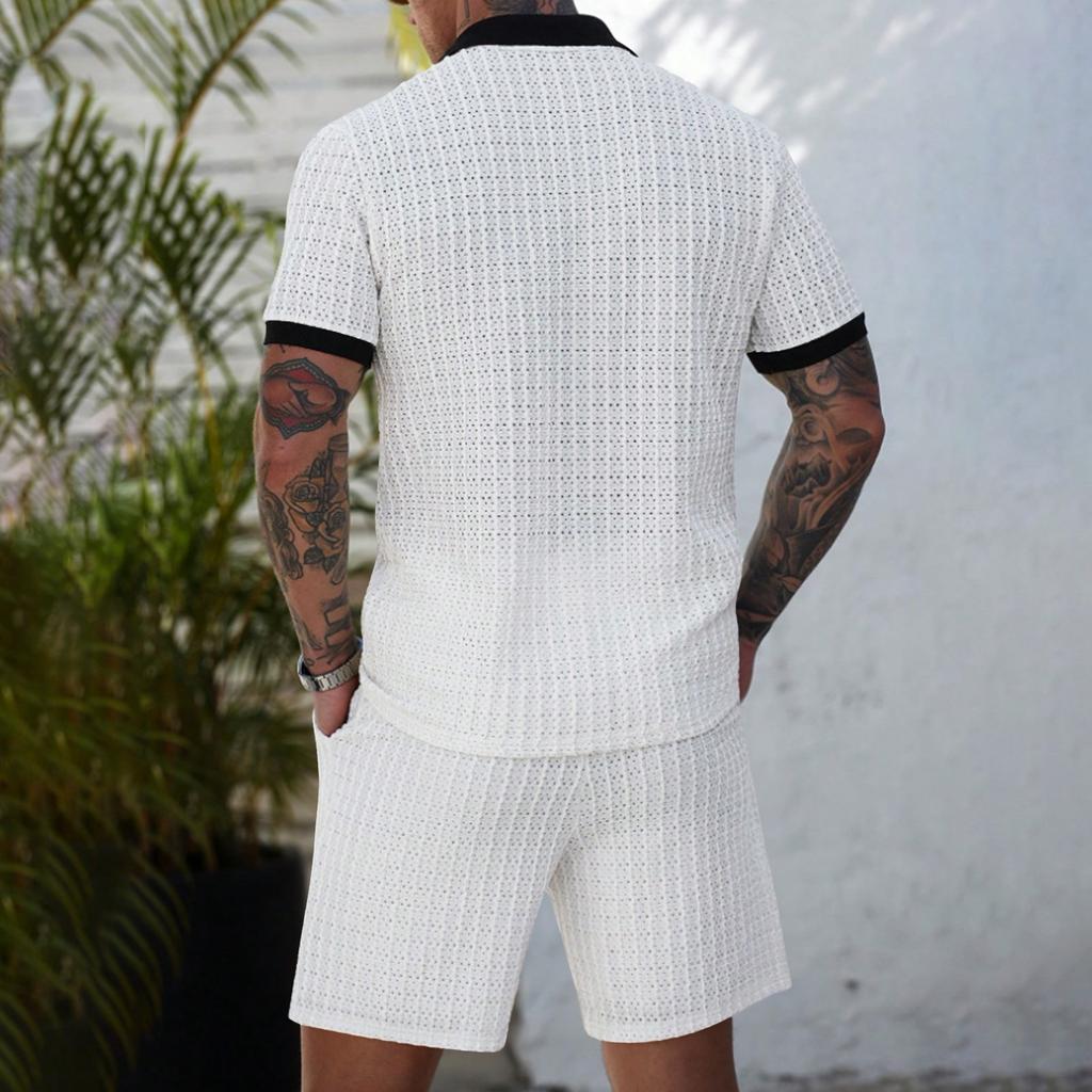Men's Summer Solid Color Hollow Texture Button Collar Shirt Top Shorts Set