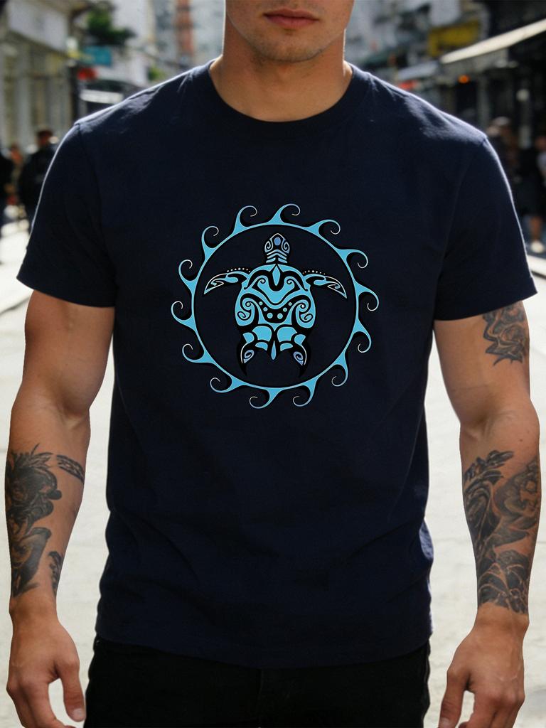 Unisex Navy Blue Tee Tribal Turtle Circle Pattern Print Short Sleeve Loose Casual Summer Street Basic Top For Adult Male Daily Wear