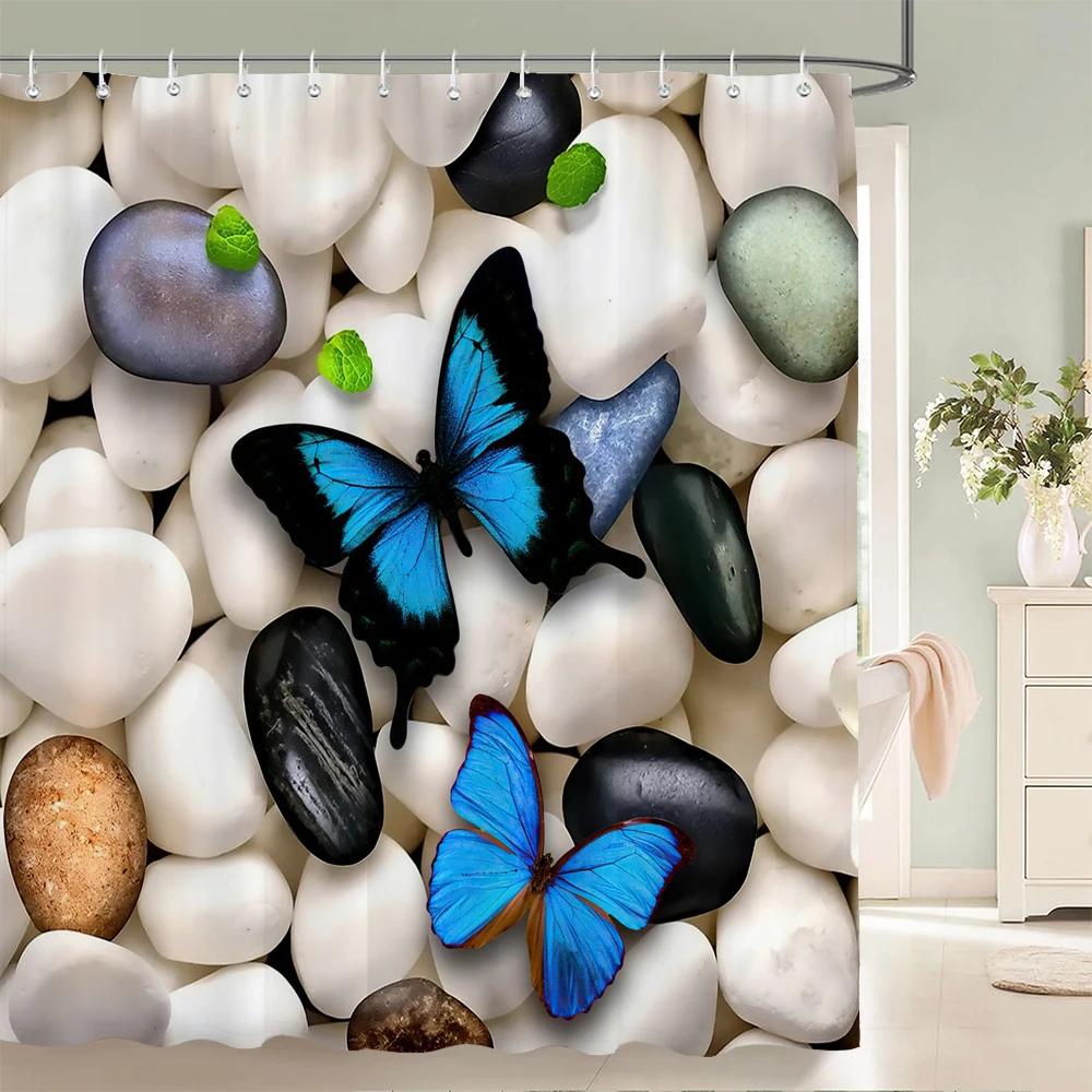 Blue Butterfly Shower Curtain with Hook - Modern Plant Floral Design, Printed Polyester Fabric Bathroom Decoration Curtain