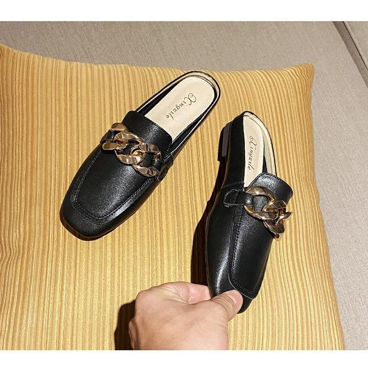 

Кожаные туфли мюли тапочки женские внутри 2025 новые в британском стиле маленькие кожаные туфли низкий каблук модная обувь универсальные 35 чёрный